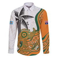 Custom Fiji And Australia Rugby Family Matching Off The Shoulder Long Sleeve Dress and Hawaiian Shirt Fijian Palm Tree Mix Aussie Kangaroo LT14 Dad's Shirt - Long Sleeve Gold - Polynesian Pride