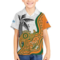 Custom Fiji And Australia Rugby Family Matching Off The Shoulder Long Sleeve Dress and Hawaiian Shirt Fijian Palm Tree Mix Aussie Kangaroo LT14 Son's Shirt Gold - Polynesian Pride