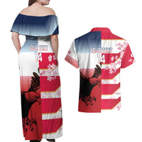USA and Japan Rugby Custom Couples Matching Off Shoulder Maxi Dress and Hawaiian Shirt Eagles Brave Blossoms Together Pacific - Polynesian Pride