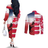 USA and Japan Rugby Custom Couples Matching Off The Shoulder Long Sleeve Dress and Long Sleeve Button Shirt Eagles Brave Blossoms Together Pacific LT14 - Polynesian Pride