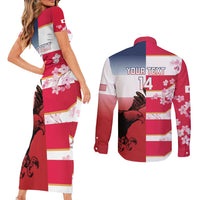 USA and Japan Rugby Custom Couples Matching Short Sleeve Bodycon Dress and Long Sleeve Button Shirt Eagles Brave Blossoms Together Pacific LT14 - Polynesian Pride