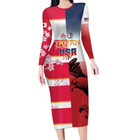 USA and Japan Rugby Custom Family Matching Long Sleeve Bodycon Dress and Hawaiian Shirt Eagles Brave Blossoms Together Pacific LT14 Mom's Dress Red - Polynesian Pride