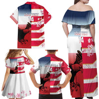 USA and Japan Rugby Custom Family Matching Off Shoulder Maxi Dress and Hawaiian Shirt Eagles Brave Blossoms Together Pacific - Polynesian Pride