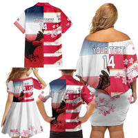 USA and Japan Rugby Custom Family Matching Off Shoulder Short Dress and Hawaiian Shirt Eagles Brave Blossoms Together Pacific - Polynesian Pride