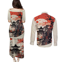 Samurai Warrior Japan Couples Matching Puletasi and Long Sleeve Button Shirt Red-blossomed Tree Classic Japanese Stylized - Polynesian Pride