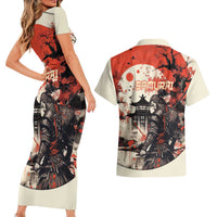 Samurai Warrior Japan Couples Matching Short Sleeve Bodycon Dress and Hawaiian Shirt Red-blossomed Tree Classic Japanese Stylized - Polynesian Pride