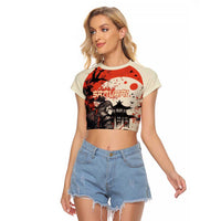 Samurai Warrior Japan Raglan Cropped T Shirt Red-blossomed Tree Classic Japanese Stylized LT14 Female Red - Polynesian Pride