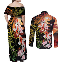 Hawaiian and Japanese Couples Matching Off Shoulder Maxi Dress and Long Sleeve Button Shirt Koi Fish With Kanaka Polynesian Tattoo - Polynesian Pride