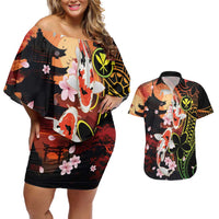 Hawaiian and Japanese Couples Matching Off Shoulder Short Dress and Hawaiian Shirt Koi Fish With Kanaka Polynesian Tattoo - Polynesian Pride
