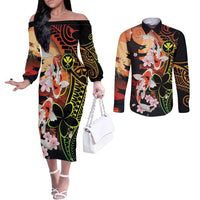 Hawaiian and Japanese Couples Matching Off The Shoulder Long Sleeve Dress and Long Sleeve Button Shirt Koi Fish With Kanaka Polynesian Tattoo - Polynesian Pride