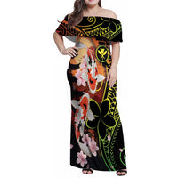 Hawaiian and Japanese Family Matching Off Shoulder Maxi Dress and Hawaiian Shirt Koi Fish With Kanaka Polynesian Tattoo - Polynesian Pride