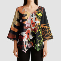 Hawaiian and Japanese Kimono Sleeve Blouse Koi Fish With Kanaka Polynesian Tattoo - Polynesian Pride