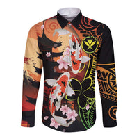 Hawaiian and Japanese Long Sleeve Button Shirt Koi Fish With Kanaka Polynesian Tattoo - Polynesian Pride