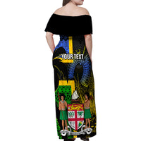 Personalised South Sea Islanders Family Matching Off Shoulder Maxi Dress and Hawaiian Shirt Kanakas With Fiji Coat Of Arms LT14 - Polynesian Pride
