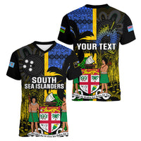 Personalised South Sea Islanders Women V Neck T Shirt Kanakas With Fiji Coat Of Arms LT14 - Polynesian Pride