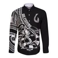 Personalised Polynesia Long Sleeve Button Shirt Fish Hook Tattoo Go Fishing Polynesian Pattern Black LT14 Unisex Black - Polynesian Pride