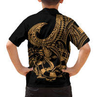 Polynesia Family Matching Off Shoulder Maxi Dress and Hawaiian Shirt Fish Hook Tattoo Go Fishing Polynesian Pattern Gold LT14 - Polynesian Pride