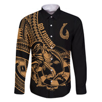 Polynesia Family Matching Off Shoulder Maxi Dress and Hawaiian Shirt Fish Hook Tattoo Go Fishing Polynesian Pattern Gold LT14 Dad's Shirt - Long Sleeve Gold - Polynesian Pride