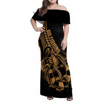 Polynesia Family Matching Off Shoulder Maxi Dress and Hawaiian Shirt Fish Hook Tattoo Go Fishing Polynesian Pattern Gold LT14 Mom's Dress Gold - Polynesian Pride