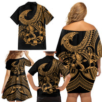 Polynesia Family Matching Off Shoulder Short Dress and Hawaiian Shirt Fish Hook Tattoo Go Fishing Polynesian Pattern Gold LT14 - Polynesian Pride