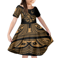 Polynesia Family Matching Short Sleeve Bodycon Dress and Hawaiian Shirt Fish Hook Tattoo Go Fishing Polynesian Pattern Gold LT14 Daughter's Dress Gold - Polynesian Pride