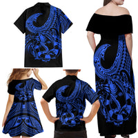 Polynesia Family Matching Off Shoulder Maxi Dress and Hawaiian Shirt Fish Hook Tattoo Go Fishing Polynesian Pattern Blue LT14 - Polynesian Pride