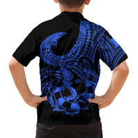Polynesia Family Matching Off Shoulder Short Dress and Hawaiian Shirt Fish Hook Tattoo Go Fishing Polynesian Pattern Blue LT14 - Polynesian Pride