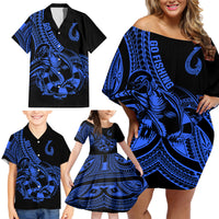 Polynesia Family Matching Off Shoulder Short Dress and Hawaiian Shirt Fish Hook Tattoo Go Fishing Polynesian Pattern Blue LT14 - Polynesian Pride