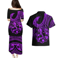 Polynesia Couples Matching Puletasi Dress and Hawaiian Shirt Fish Hook Tattoo Go Fishing Polynesian Pattern Purple LT14 - Polynesian Pride