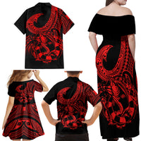 Polynesia Family Matching Off Shoulder Maxi Dress and Hawaiian Shirt Fish Hook Tattoo Go Fishing Polynesian Pattern Red LT14 - Polynesian Pride