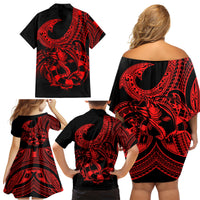 Polynesia Family Matching Off Shoulder Short Dress and Hawaiian Shirt Fish Hook Tattoo Go Fishing Polynesian Pattern Red LT14 - Polynesian Pride