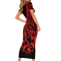 Polynesia Family Matching Short Sleeve Bodycon Dress and Hawaiian Shirt Fish Hook Tattoo Go Fishing Polynesian Pattern Red LT14 - Polynesian Pride