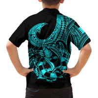 Polynesia Family Matching Off Shoulder Short Dress and Hawaiian Shirt Fish Hook Tattoo Go Fishing Polynesian Pattern Turquosie LT14 - Polynesian Pride
