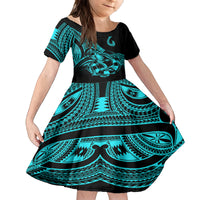Polynesia Family Matching Off Shoulder Short Dress and Hawaiian Shirt Fish Hook Tattoo Go Fishing Polynesian Pattern Turquosie LT14 Daughter's Dress Turquoise - Polynesian Pride
