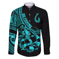 Polynesia Family Matching Off Shoulder Short Dress and Hawaiian Shirt Fish Hook Tattoo Go Fishing Polynesian Pattern Turquosie LT14 Dad's Shirt - Long Sleeve Turquoise - Polynesian Pride