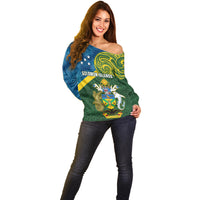 Personalised Solomon Islands Off Shoulder Sweater Tropical Leaves With Melanesian Pattern LT14 - Polynesian Pride