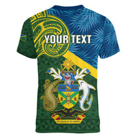 Personalised Solomon Islands Women V Neck T Shirt Tropical Leaves With Melanesian Pattern LT14 - Polynesian Pride
