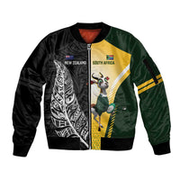 New Zealand and South Africa Rugby Custom Sleeve Zip Bomber Jacket Maori Silver Fern Springbok Together - Polynesian Pride