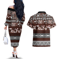 Bula Fiji Couples Matching Off The Shoulder Long Sleeve Dress and Hawaiian Shirt Fijian Tapa Masi With Hibiscus Flowers LT14 - Polynesian Pride