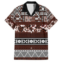 Bula Fiji Family Matching Off Shoulder Short Dress and Hawaiian Shirt Fijian Tapa Masi With Hibiscus Flowers LT14 Dad's Shirt - Short Sleeve Brown - Polynesian Pride