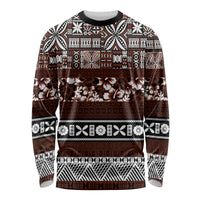 Bula Fiji Long Sleeve Shirt Fijian Tapa Masi With Hibiscus Flowers LT14 Unisex Brown - Polynesian Pride