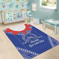 Queen Salote College 100 Years Personalized Area Rug Tonga QSC Heilala Lei Blue Ngatu Pattern