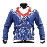 Queen Salote College 100 Years Personalized Baseball Jacket Tonga QSC Heilala Lei Blue Ngatu Pattern