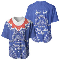 Queen Salote College 100 Years Personalized Baseball Jersey Tonga QSC Heilala Lei Blue Ngatu Pattern