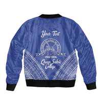 Queen Salote College 100 Years Personalized Bomber Jacket Tonga QSC Heilala Lei Blue Ngatu Pattern