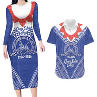 Queen Salote College 100 Years Personalized Couples Matching Long Sleeve Bodycon Dress and Hawaiian Shirt Tonga QSC Heilala Lei Blue Ngatu Pattern