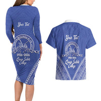 Queen Salote College 100 Years Personalized Couples Matching Long Sleeve Bodycon Dress and Hawaiian Shirt Tonga QSC Heilala Lei Blue Ngatu Pattern