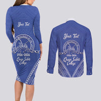Queen Salote College 100 Years Personalized Couples Matching Long Sleeve Bodycon Dress and Long Sleeve Button Shirt Tonga QSC Heilala Lei Blue Ngatu Pattern