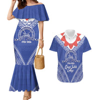 Queen Salote College 100 Years Personalized Couples Matching Mermaid Dress and Hawaiian Shirt Tonga QSC Heilala Lei Blue Ngatu Pattern