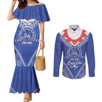 Queen Salote College 100 Years Personalized Couples Matching Mermaid Dress and Long Sleeve Button Shirt Tonga QSC Heilala Lei Blue Ngatu Pattern